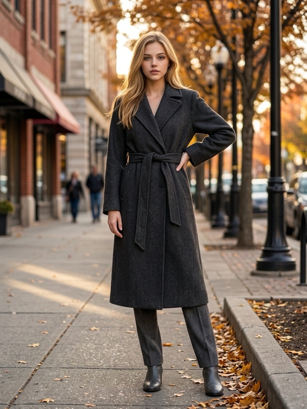 Classic Belted Wool-Blend Long Coat in herringbone Charcoal